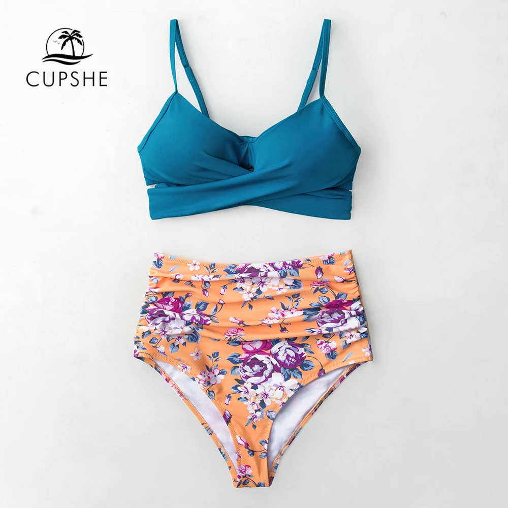 Billige CUPSHE Blau Wrap Und Blumen High taille Bikini Sets Frauen Sexy Push Up Zwei Stücke Badeanzüge 2020 Mädchen Strand badeanzüge