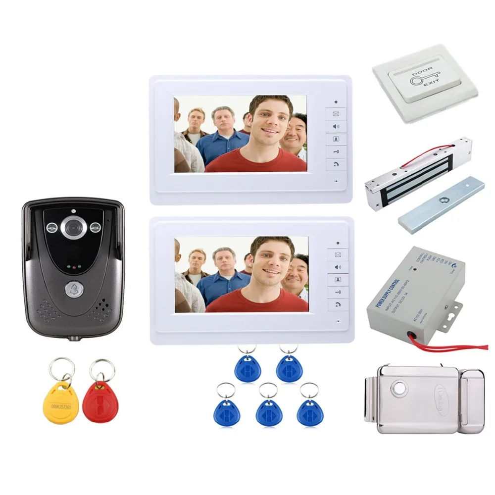 

Home Wired 7 inch Video Door Phone intercom Entry System With 2 White Monitor + RFID Card Doorbell Camera With Electric lock