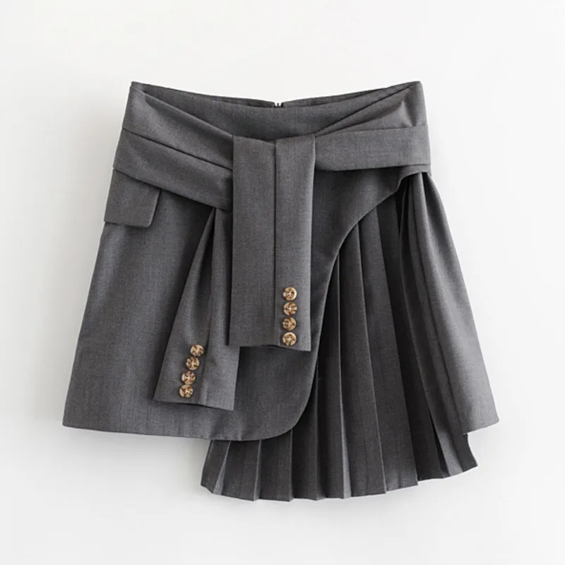 

[EWQ] 2019 Summer New Pattern Streetwear Style Fashion Trend Gray Solid Buttondecoration Mini Length Suit Pleated Skirt AF493