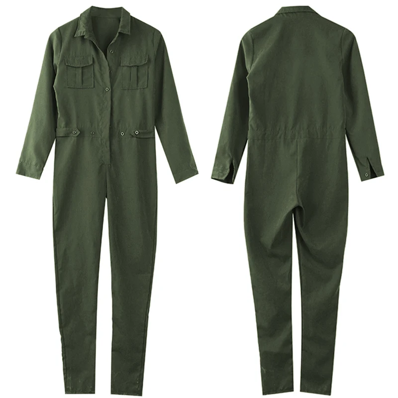 

2018 Hot Fashion Women's Ladies Long Sleeves Turn-down Collar Slim Full Body Romper Jumpsuits Army green