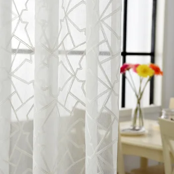 

White Embroidered Geometric Voile Curtains for Living Room the Bedroom Sheer Curtain Tulle Window Kitchen Fabric Drapes