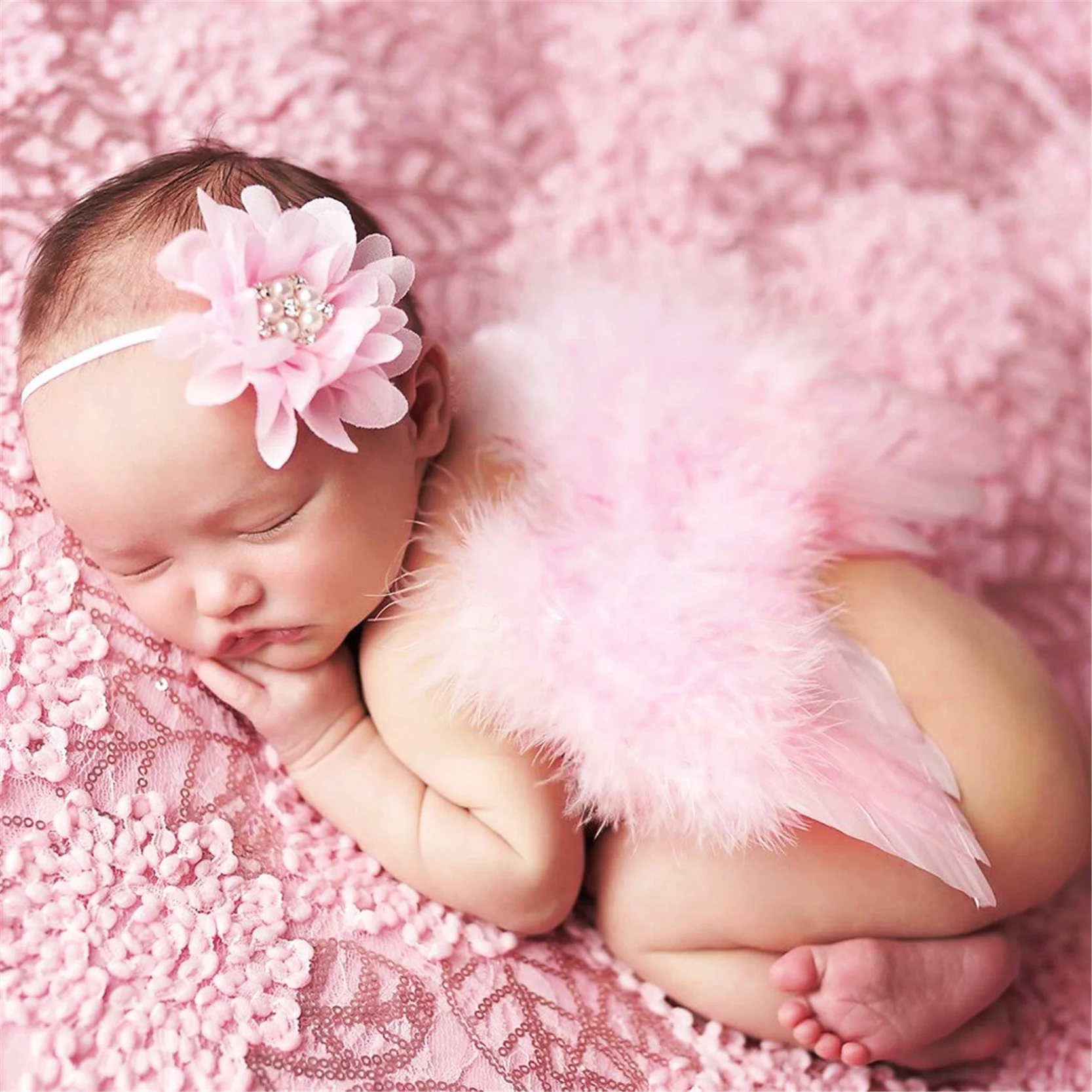 Angel Wings Feather Wings font b Baby b font Girl Flower Pearl Headband Photo Shoot Hair