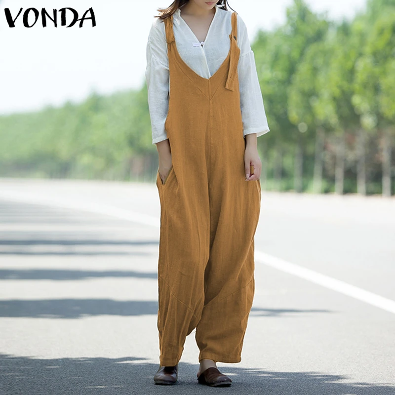 

VONDA Rompers Womens Jumpsuit 2019 Summer Pregnant Casual Playsuits Cotton V Neck Sleeveless Overalls Plus Size Maternity Pants