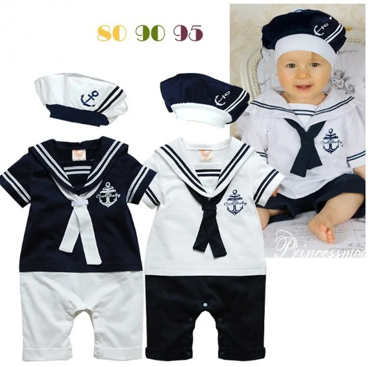 Navy sailor style rompers baby boy toddlers one piece bodysuit with hat
