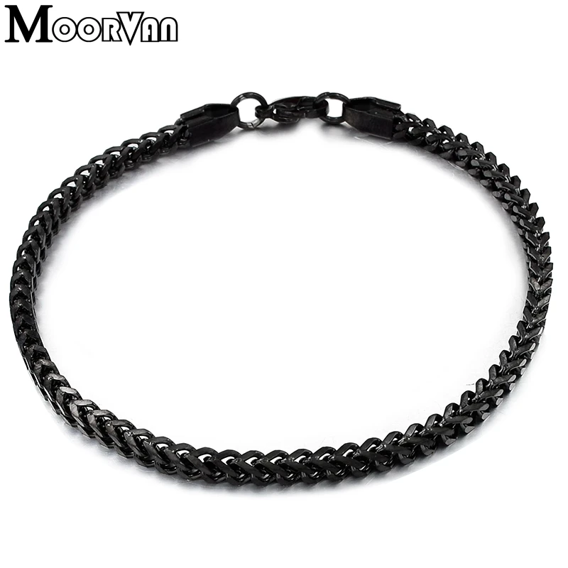 

Moorvan 22cm*3mm men black box link chain fashion bracelets for mans stainless steel good looking jewelry VB314