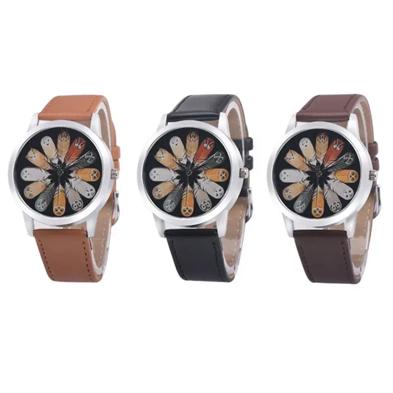 

New Feather Watch Leather Cute Animal Owl Feathers Watch Fashion Students Watch