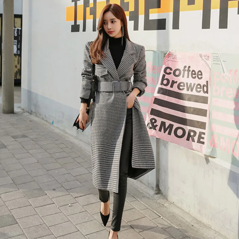 

Spring Autumn Vintage Thicken Sahes Blends Coat Women Turn-down Collar A-line Plaid Female Long Coat Casual Overcoat Outerwear
