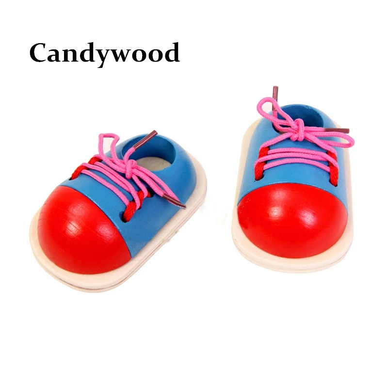 2pcs/set Wooden Toddler Lacing Shoes Montessori Educational Toys for
