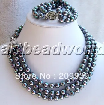 

huij 002158 3 strands black color south sea mother-of-pearl necklace and bracelet set ss925