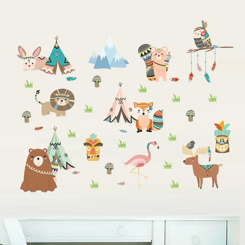 

Funny Animal Indian Tribe Wall Stickers For Kids Room Home Decor Accessories Cartoon Owl Lion Bear Fox Wall PVC Mural Art Decals