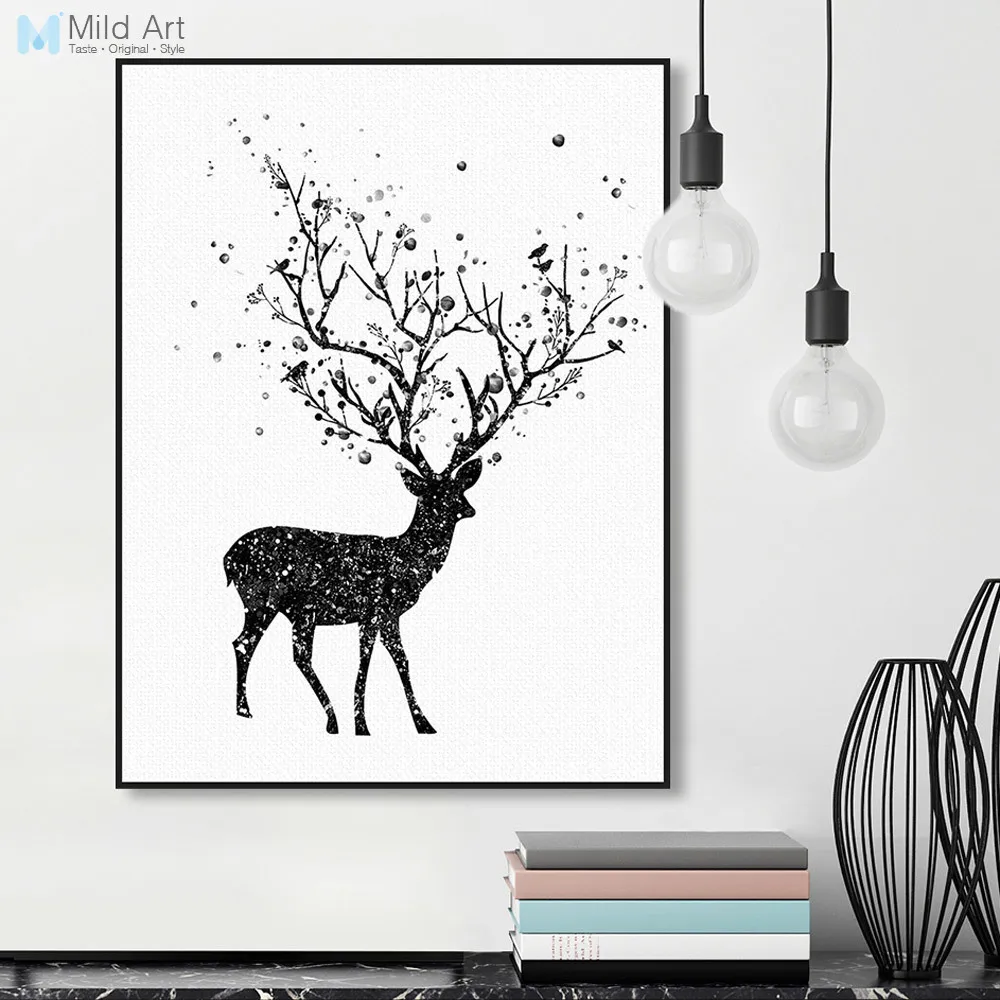 Modern Hitam Putih Rusa Kepala A4 Art Print Poster Abstrak Pohon