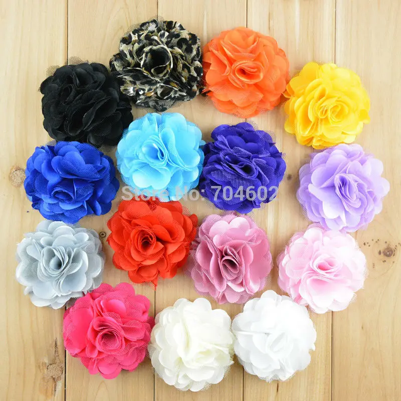 

Wholesale 120pcs/lot 3'' Satin Mesh Silk flowers for headbands without hair clip 20 colors for choose Free Shipping F21