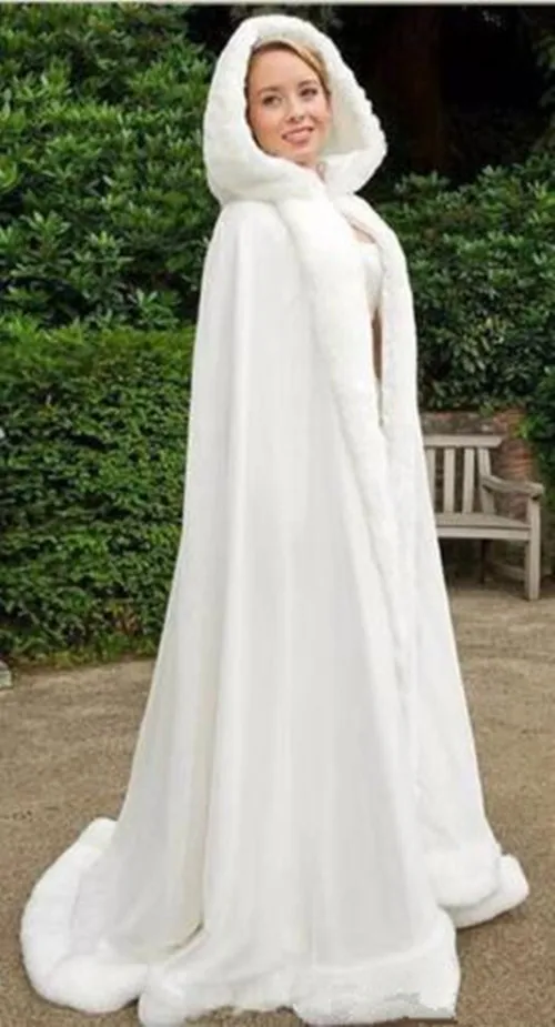 Bridal Winter Hooded Faux Fur Trim Satin Wedding Jacket Cloak Shawl Cape Mantles Wraps Elves Cape in White Ivory