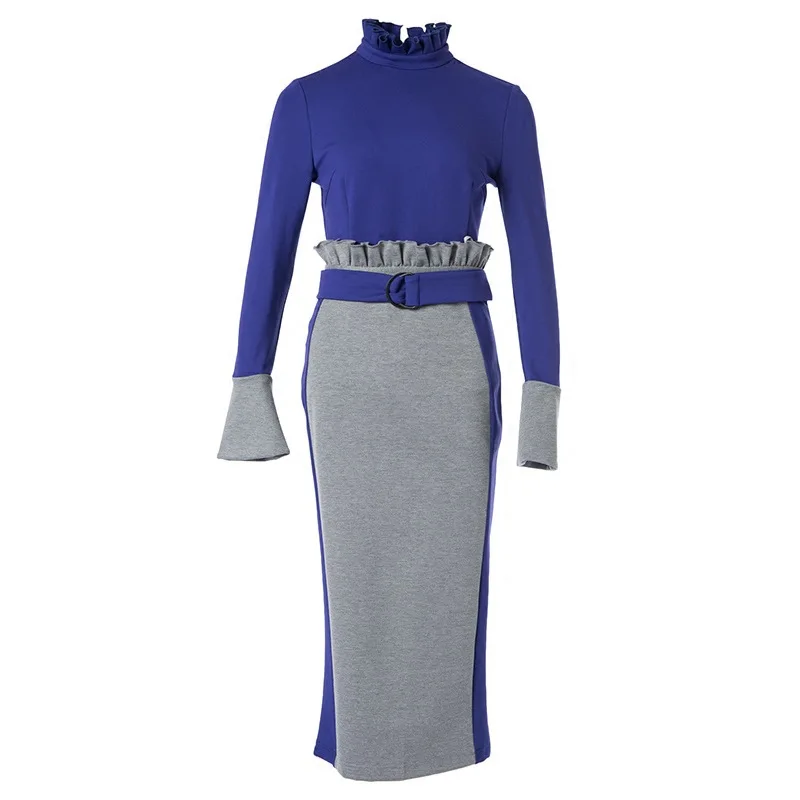 Multiflora 2018 formal dress women elegant purple long sleeve ruffle turtle neck offcie dress winter empire bodycon women dress