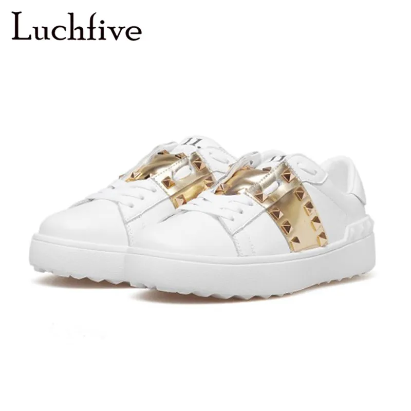 

2018 Spring genuine Leather casual shoes women gold rivets studde platform Flat heel white casual sneakers chaussure femme