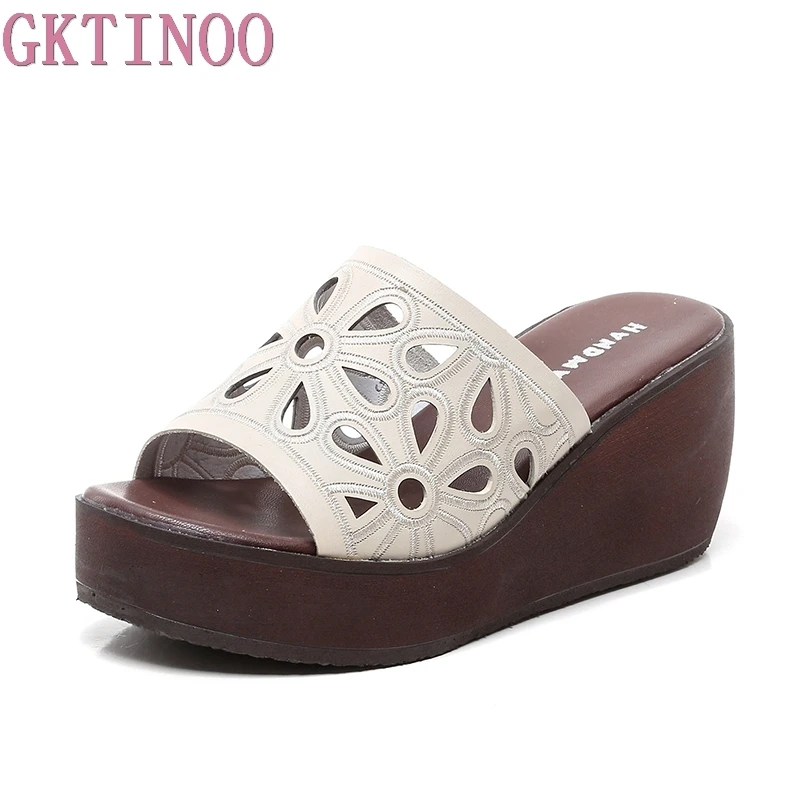 

GKTINOO Women Casual Genuine Leather Handmade Mules Slippers Retro Summer Ladies Casual Sandals Platform Comfort Shoes