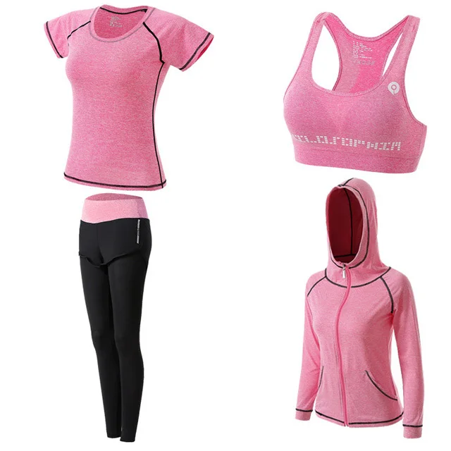 Pink 4pcs set Комплект из 2-5 предметов, женские комплекты для йоги, спортивные комплекты для тренировок, женская одежда для тренировок, спортивная одежда для спортзала, спортивные штаны для бега - Цвет: Pink 4pcs set