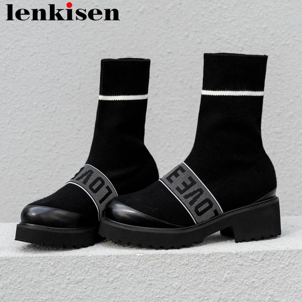 

Lenkisen cow leather knitting round toe movie stars med chunky heels black heels slip on simple style stretch mid-calf boots L01
