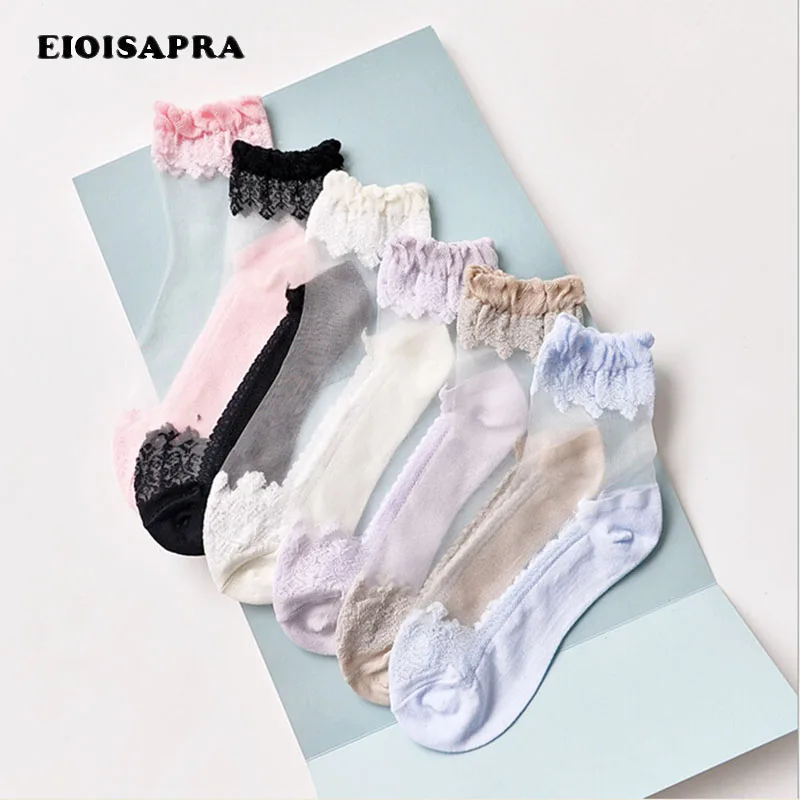 [EIOISAPRA] Весна/лето женские шелковые кружевные короткие носки прозрачные