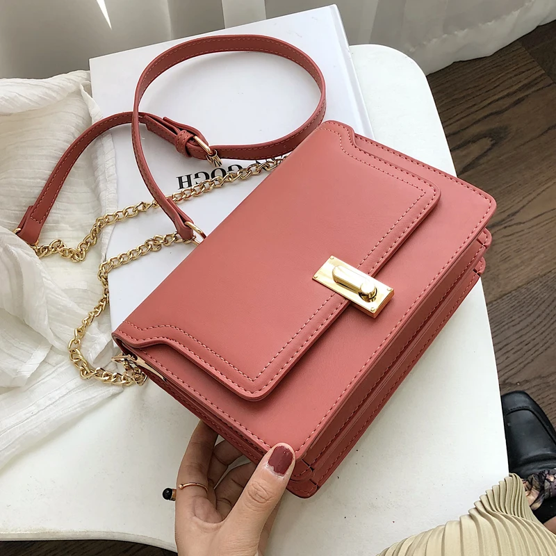 

Solid color Clamshell Square bag 2019 Fashion New Quality PU Leather Women's Designer Handbag Lock Chain Shoulder Messenger Bag