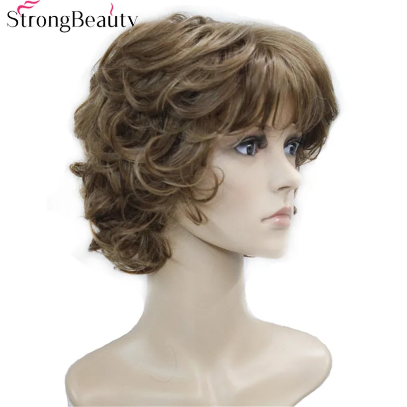 Skup Silne piękno peruki syntetyczne damskie kręcone końcówki krótka peruka z włókien z warstwami grzywką 17 kolory