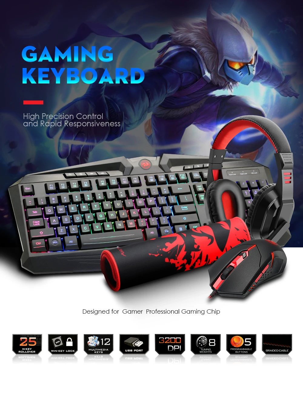 Redragon S101-BA-1 USB игровая RGB клавиатура Коврик для мыши наушники комбо 104 ключ 3200 dpi 5 кнопок набор мышей проводной компьютер PC игра