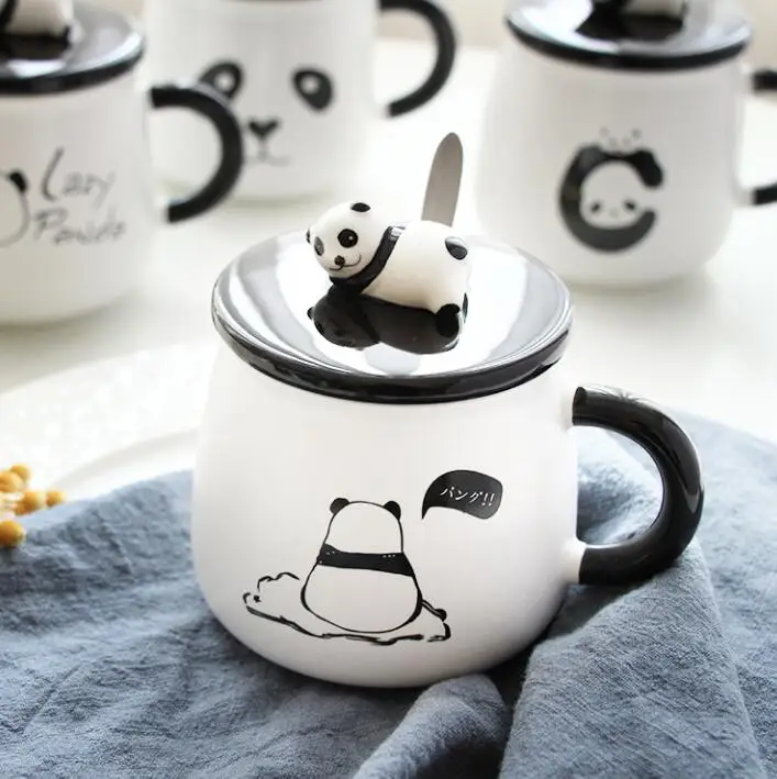 

Panda Mugs With Cover Spoon Creative Ceramic Coffee Breakfast Milk Water Mug Porcelain Cup Home Drinkware Glasses Gift