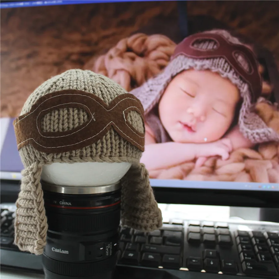 Baby Photography Props Accessories Kids Air Force Cap Manual Knitting Hat Baby Photo Props Pilot Style Hats Newborn Fotografia