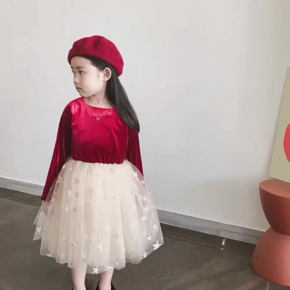 Детское рождественское вельветовое платье со звездами для девочек Сетчатое бальное платье-пачка с оборками, праздничное платье принцессы хорошее качество, зимняя Классическая одежда C