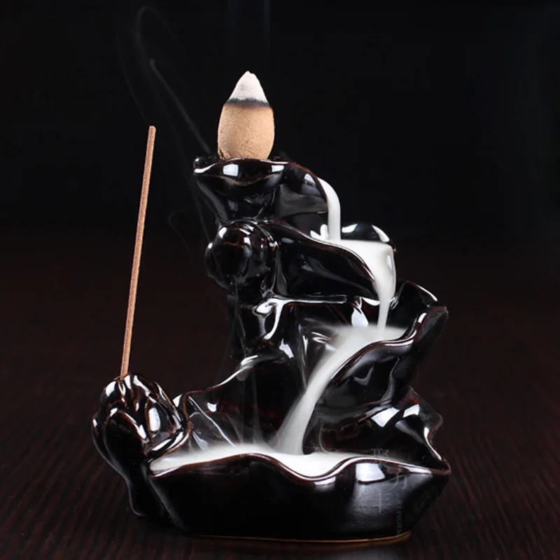 Smoke Backflow Incense Burner Ceramic Incense Sticks Holder Cone Incense Base Buddhist Ornaments Dual-purpose Lotus Censer
