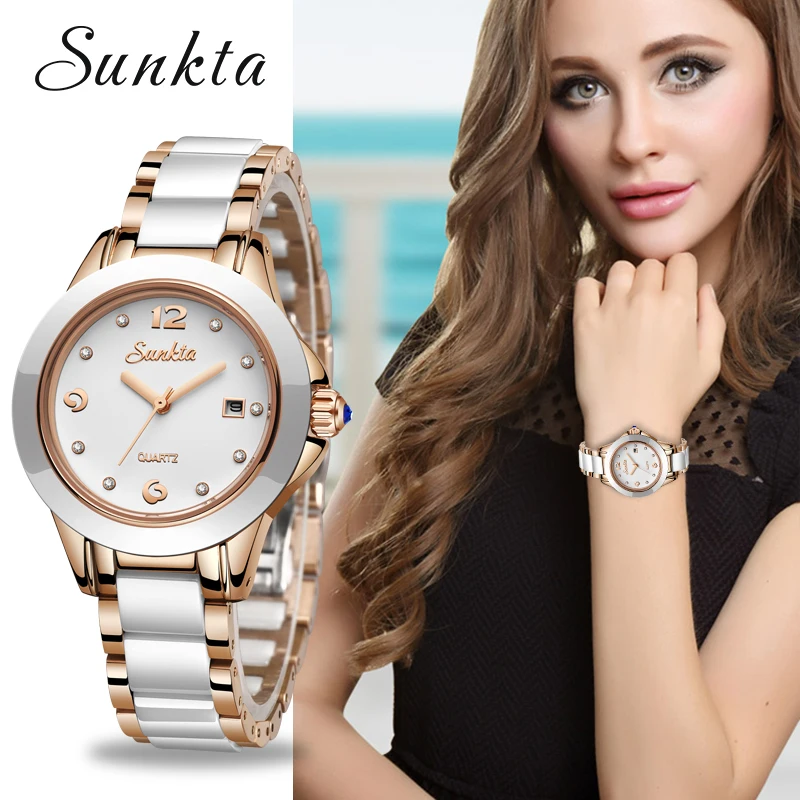 Comprar SUNKTA nuevo reloj de oro rosa para mujer, relojes de cuarzo, marca de lujo para mujer, reloj de pulsera para mujer, regalo para mujer Zegarek Damski
