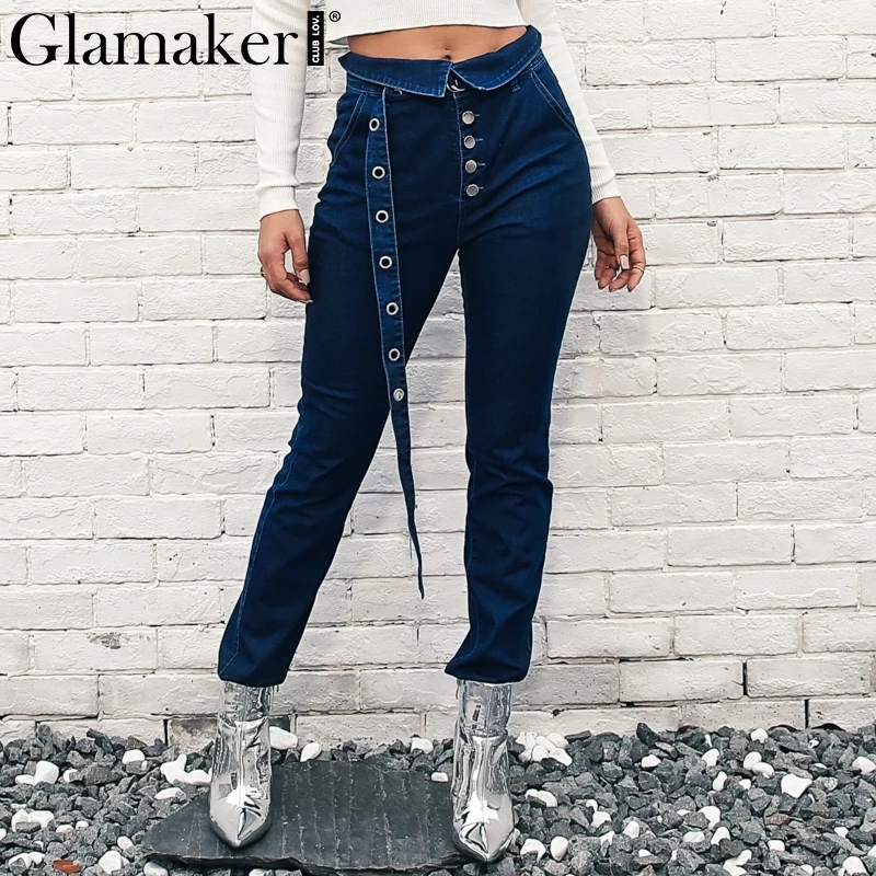 Glamaker Button denim sashes plus size jeans Women casual pants Sexy slim skinny jeans high waist trousers streetwear bottom new