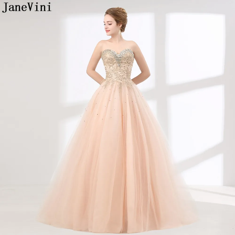 

JaneVini Charming Tulle Long Bridesmaid Dresses Sweetheart Lace Appliques Crystals Backless Ball Gown Arabic Formal Prom Gowns