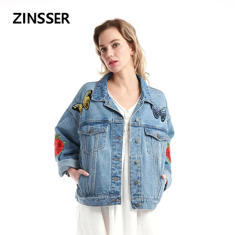 

Autumn Winter Women Denim Fancy Jacket Oversize Loose Casual Embroidery Long Sleeve 100% Cotton Washed Blue Female Lady Coat