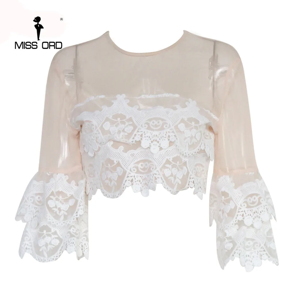 Missord 2020 Sexy O-neck long-sleeved Lace stitching tops FT4693 | Женская одежда