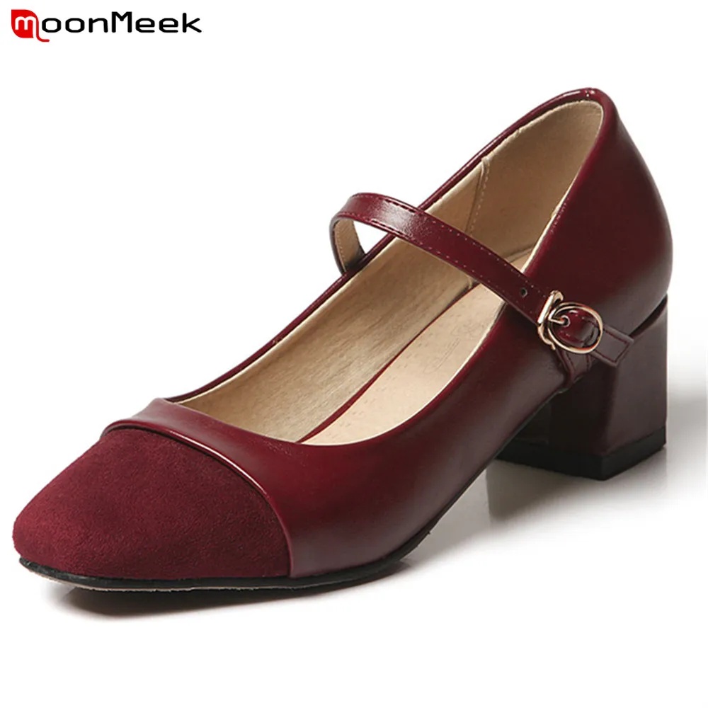 

MoonMeek 2018 spring autumn new arrive high heels woman shoes with buckle square heel simple gentle pumps women shoes