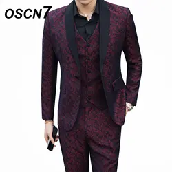 OSCN7 с принтом модные костюмы Для мужчин шалевыми лацканами 3 шт. вечерние High Street костюм Homme большой Размеры Повседневное Для мужчин s костюм