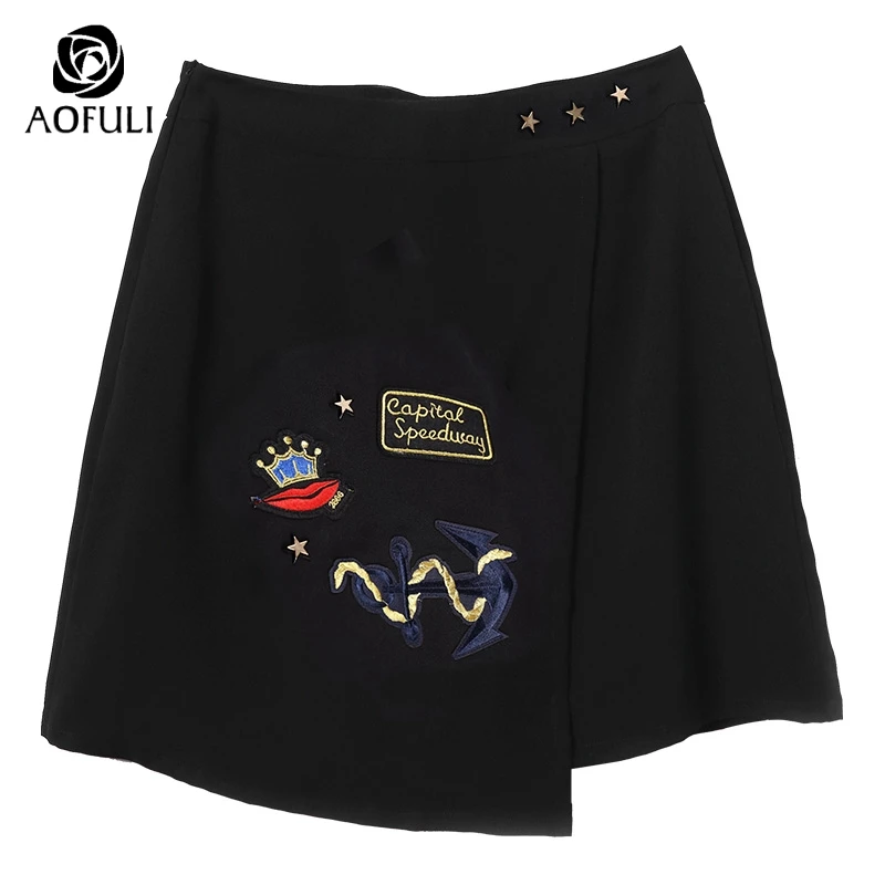 size S/M Office Ladies Embroidery Asymmetrical Overskirt 2018 New Summer Black Short Skirts Brand Above Knee Skirt B5175 | Женская