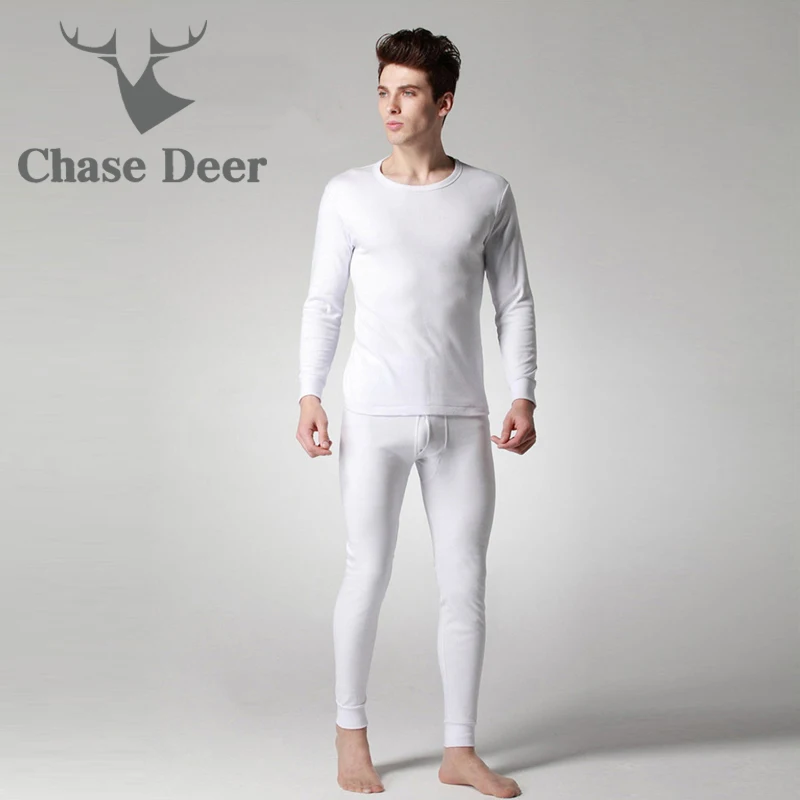 

2019 Quality Long Johns Men Cotton Underwear New Brand Chase Deer Winter Solid Cool Warm Tees+Pants set Fitness Men Long Johns