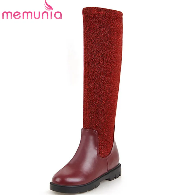 

MEMUNIA 2018 new arrival knee high boots women round toe square heels autumn boots slip on Stretch socks boots fashion shoes