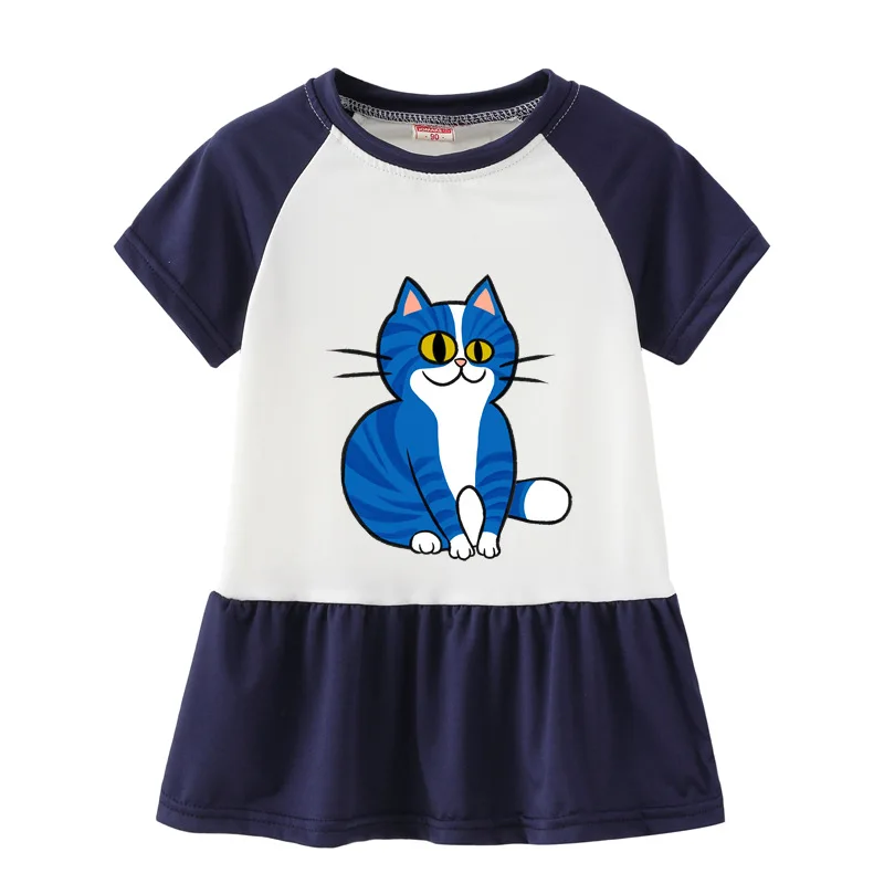 

Summer Casual Cat Cartoon Printed Baby Princess Girls Short-Sleeved Dress Navy Patchwork Girls Clothes For 2-7 Years Old