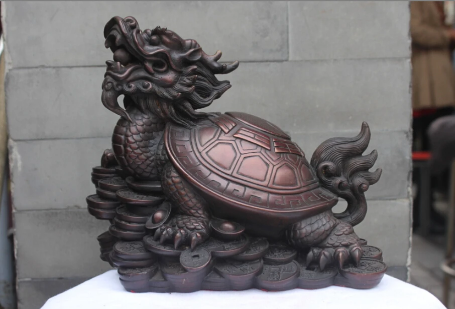 

free China Pure Bronze Dragon Turtle Home Feng Shui Attract Wealth Beast Statue fast