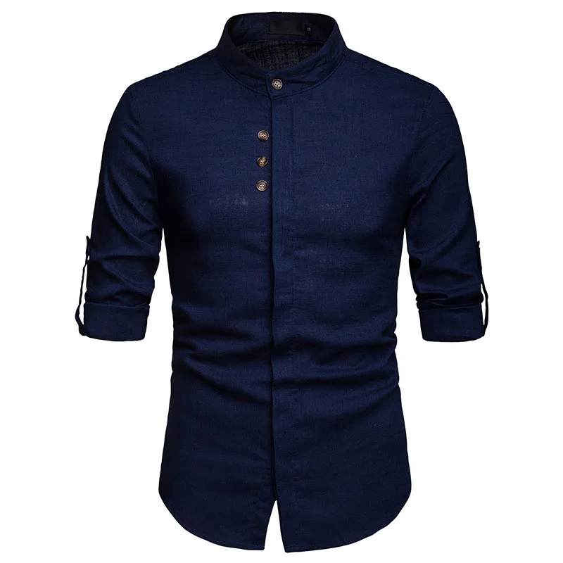 Мужская Повседневная рубашка с воротником-стойкой 2019 брендовая новая хлопковая льняная рубашка мужская приталенная черная рубашка с
