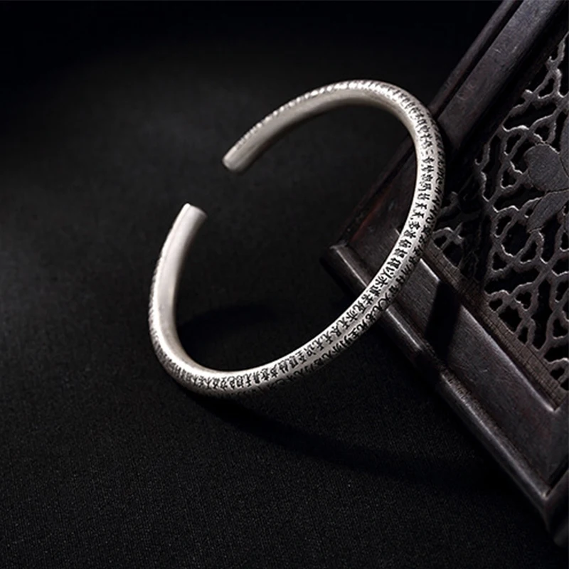 Solid 999 Pure Silver Sutra Buddhism Bangles Women Fashion Jewelry
