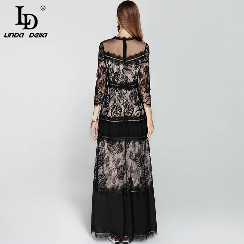 LD LINDA DELLA 2018 Fashion Designer Long Dress Women's 3/4 Sleeve Mesh Lace Patchwork Vintage Black Maxi Dress Party Dresses LD LINDA DELLA 2018 Fashion Designer Long Dress Women's 3/4 Sleeve Mesh Lace Patchwork Vintage Black Maxi Dress Party Dresses