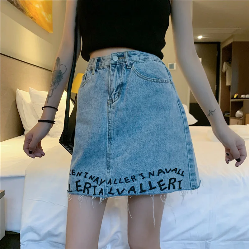 

Embroidery Letter Denim Skirts High Waist A-Line Jean Skirt Streetwear Casual Korean Fashion Clothing New Arrival 2019