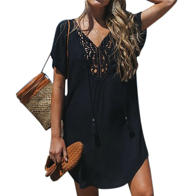 

Summer Women Dress Loose Sundress Casual Solid Color Mini Party Dress Women Evening Party Dresses Beach V Neck Ladies Dresses