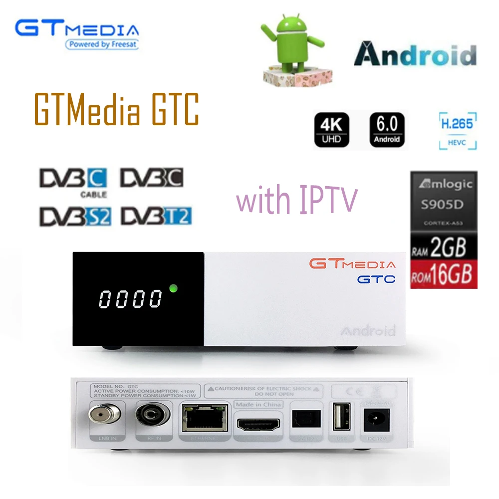 

FREESAT gtmedia GTC Android 6.0 TV BOX DVB-S2/T2/Cable/ISDBT + IPTV FR DE IT 2GB RAM 16GB ROM freesat + 1 year free CCcam gift