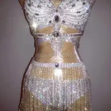 Шикарный горный хрусталь наряд с бикини кристаллы топ с мишурой Короткие Сексуальные вечерние Блестки боди костюмы с бюстгальтером сценическое шоу ночной клуб платье