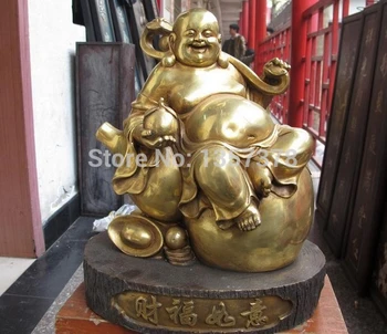

shitou 00442 China Copper Bronze Feng shui Ru yi Yuan bao Peach Maitreya Buddha Rohan Statue